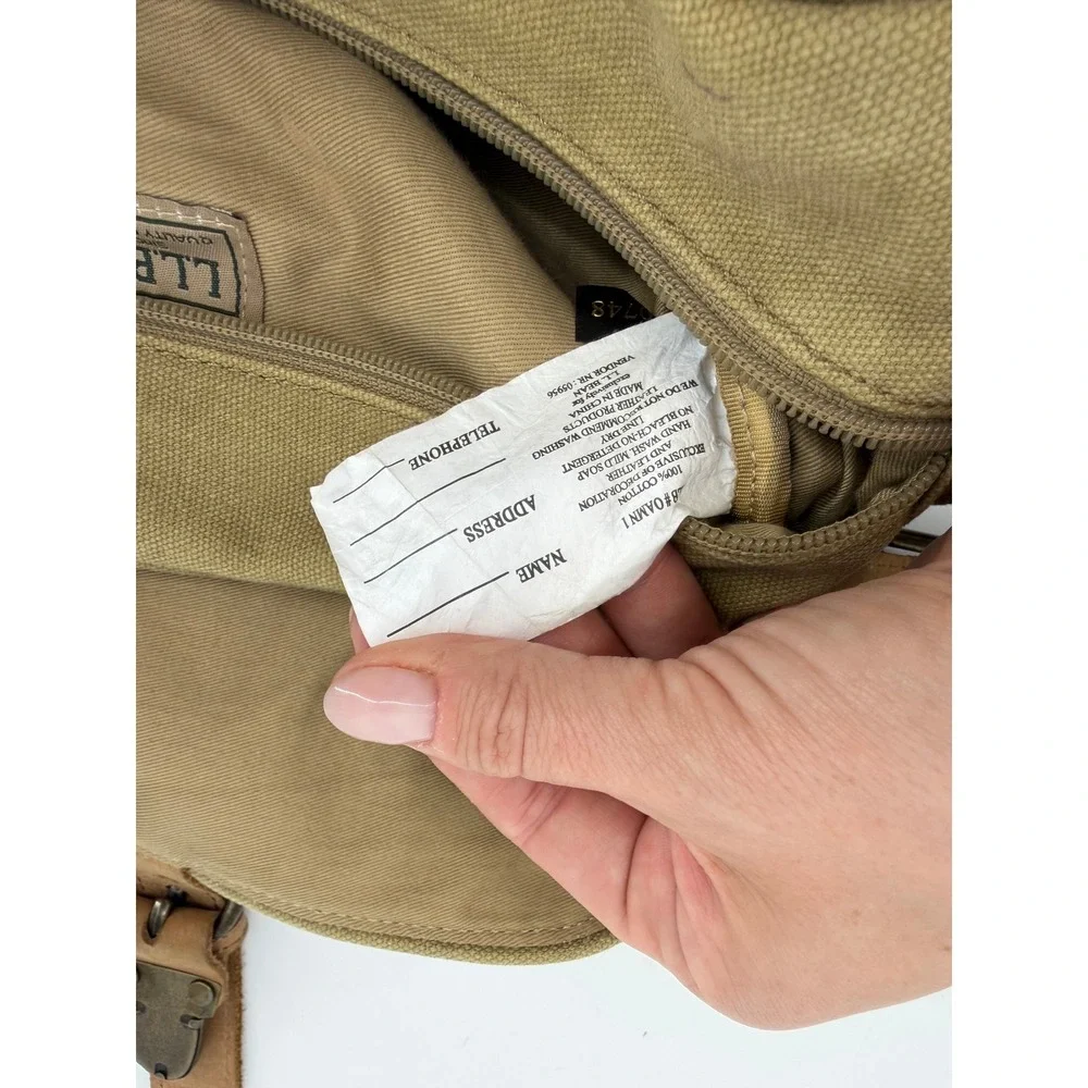 LL Bean Canvas Messenger Bag Olive Green Leather Trim Crossbody Field Bag Vtg